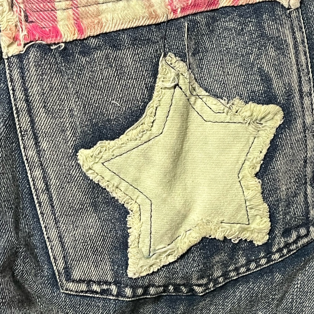 BLUE VELVET patchwork embroidery relaxed fit fray hem washed out jeans sz MEDIUM - Picture 14 of 14